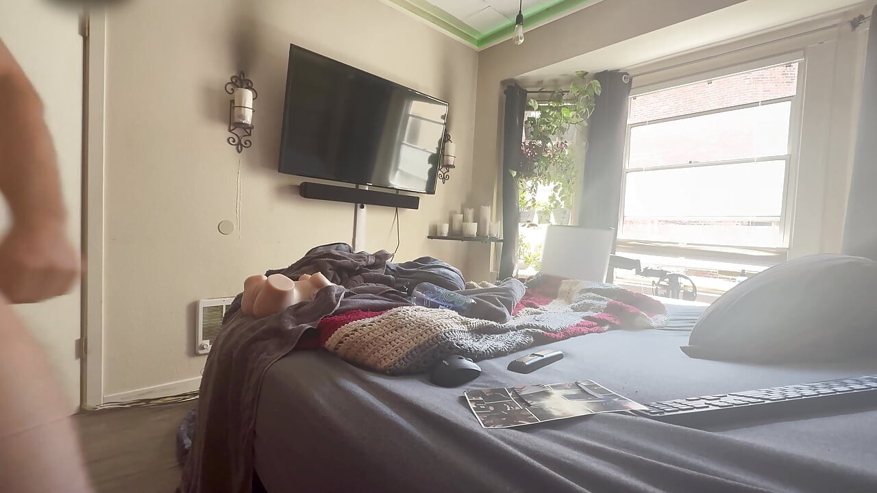 Stroking and fucking with the window open so anyone could watch!  CAUGHT AT THE END!