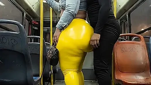 "Masked BBW Teases Huge Ass in Shiny Yellow Leggings on Public Bus"