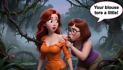 İki muhteşem kadın, bir arkadaşını ararken karanlık bir bataklıkta kıyafetlerini kaybediyor (Ai tarafından üretilmiştir)