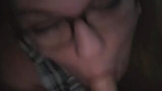 Sexy blonde bbw in glasses sucking dick in the car deepthroat cumshot on face