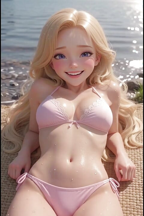 Sexy blonde anime woman, at the public lake, cute, sunny