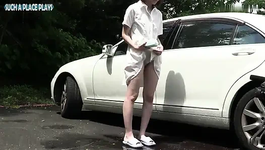 Nackte glückseligkeit, rasierte verheiratete schönheit bloßgestellt, blowjob, autowäsche, necken, enges stoß-creampie-finish