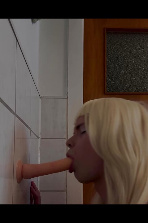 Sissy fucks dildo in bathroom