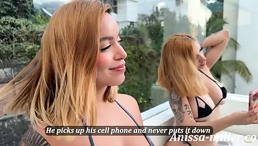 My stepsister on her cell phone and her boyfriend taking it all the way in