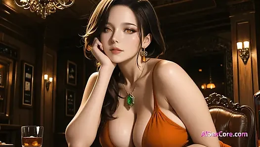 Brunette with big tits lounges in whiskey bar and gets fucked hard before a juicy cumshot