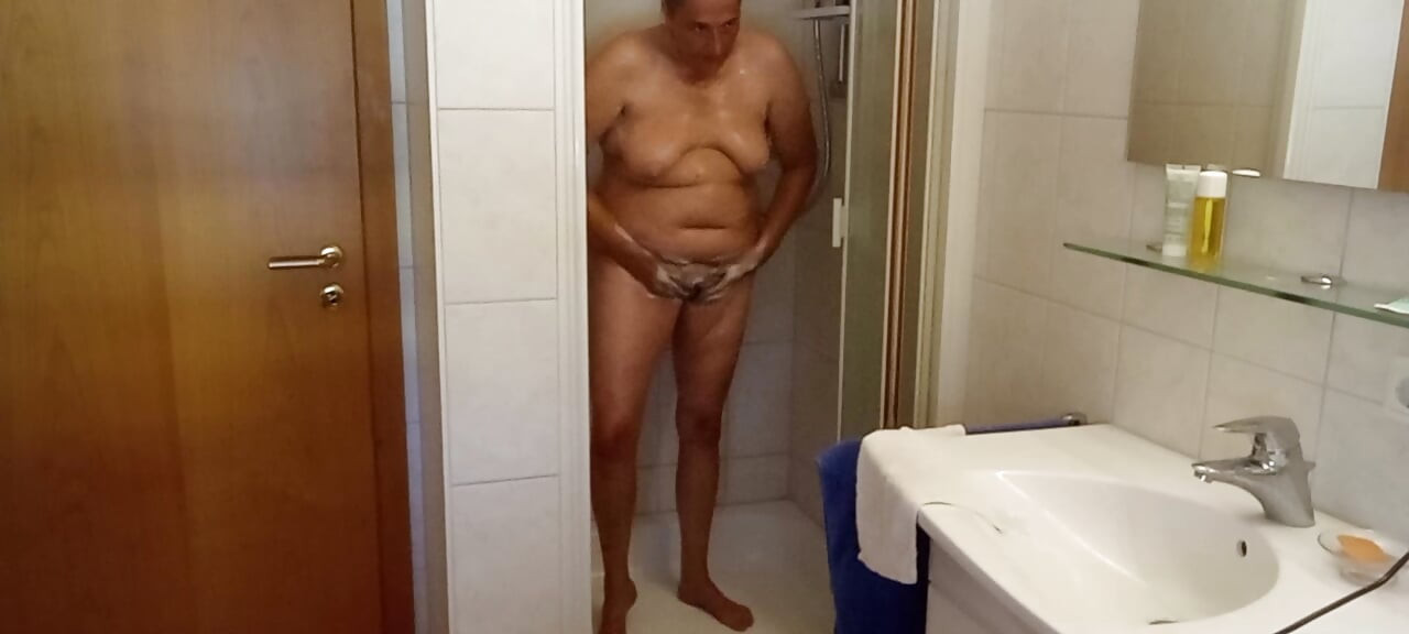 German BBW MILF 53 with natural tits & soft belly takes a shower