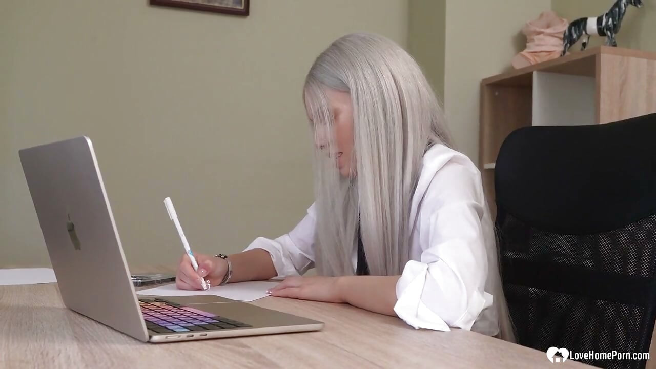 Long Silver Hair Secretary in Tie Gets Fucked Hard in Office