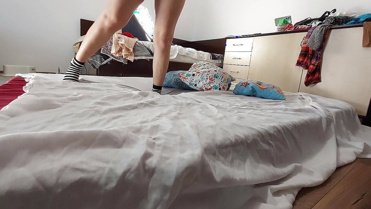 Sexy brunette tries on pantyhose, hairy pussy, big ass, big tits. Amateur woman with hairy nipples, big, big, big ass.