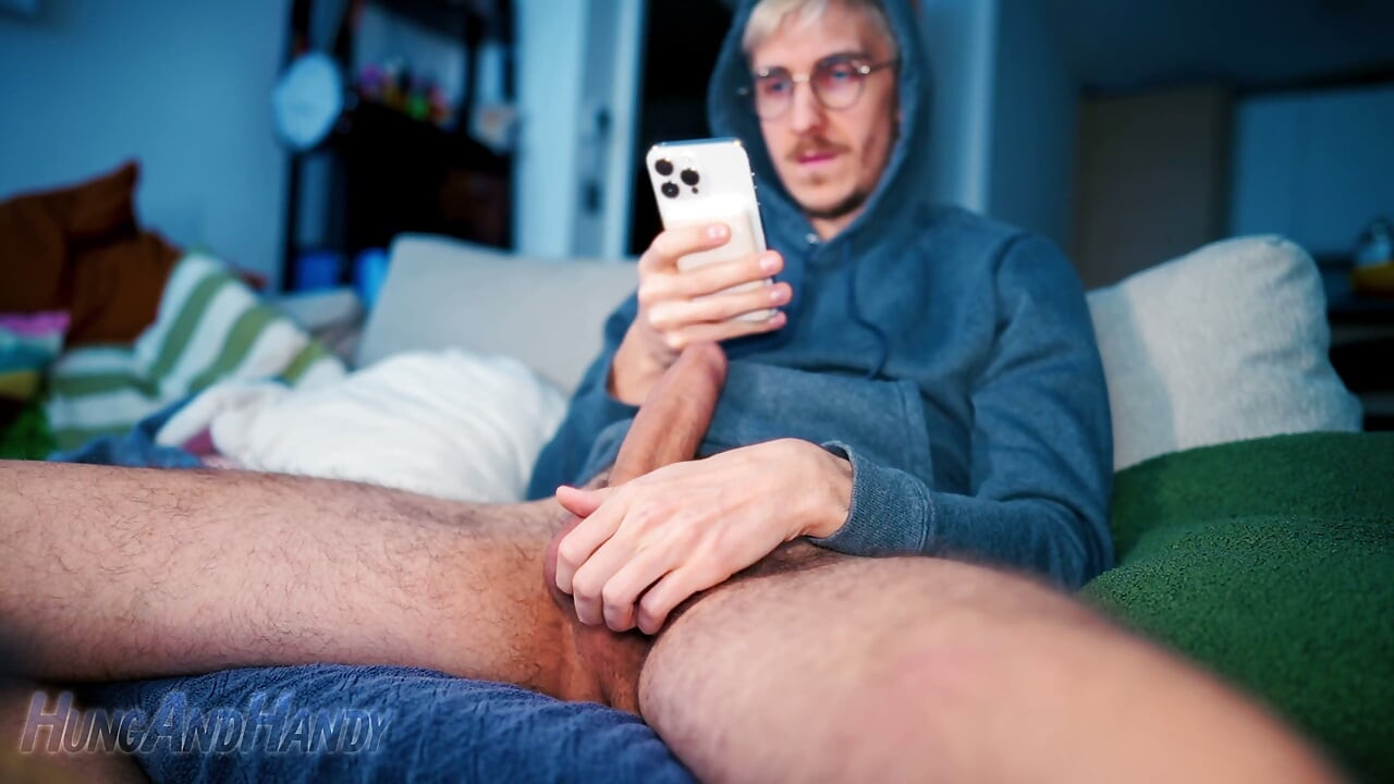 Blond Guy Gooning His Massive Uncut Cock on Webcam Rooms Cumshot All Over His Hoodie Hungandhandy