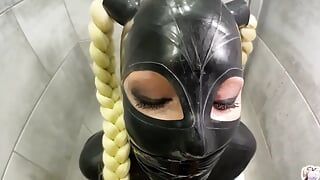 BDSM Huge Tits in Latex! Latex Mask Blowjob with Mouth Gagged and Facial Cumshot!