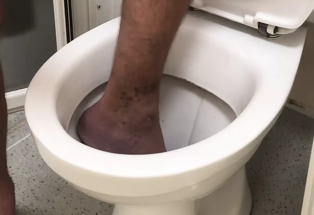 Foot in toilet and flush my foot (feet in toilet) (barefoot in toilet)