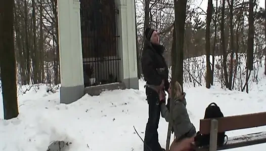 Beautiful young blonde fucks her grandpa in the snow
