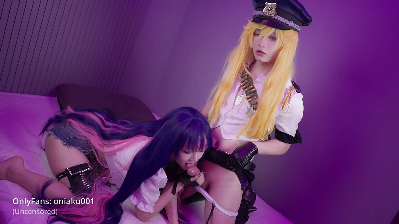 Panty&Stocking-Cosplay da rapariga fofa Aku e do femboy Aroma como Stocking & Panty, mamada e sexo