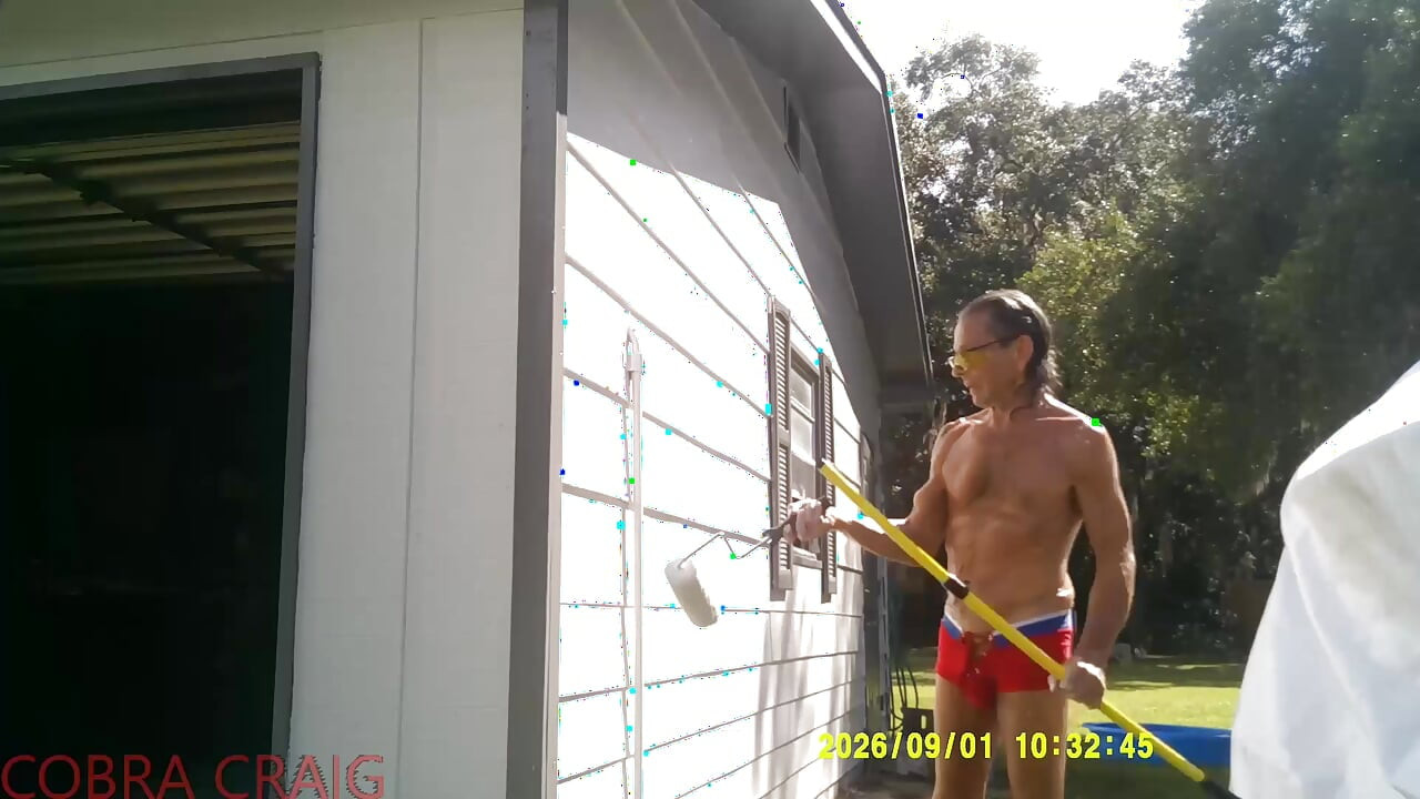 9-1-2026 COBRA CRAIG PAINTS IN HIS TINY RED SHORTS. 64YO. IN THE HEAT AND HUMIDITY.  ROCKS IT