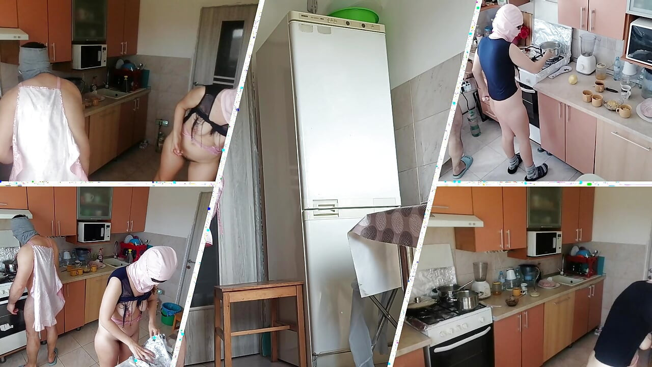 Amateur couple having fun in the kitchen. A sexy hairy brunette does the housework naked.
