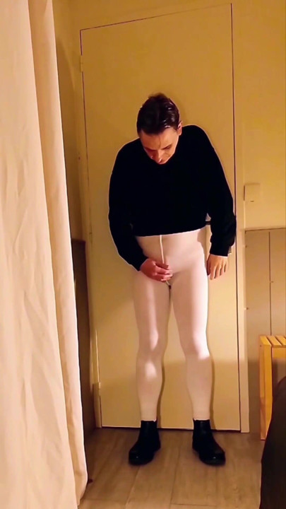 Cock Stroking in Open White Pantyhose