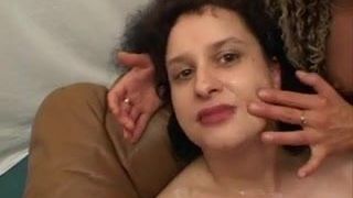 Curly eat cum in gangbang