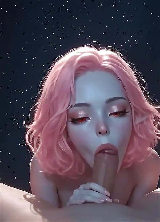 Pink-haired AI elf gives a blowjob, does a titjob, rides cowgirl-style, and ends up with cum dripping from her mouth