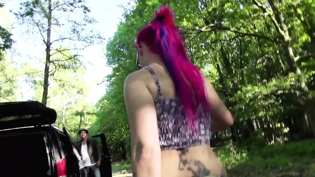 Chubby pink hair chick fucks in car and outdoor