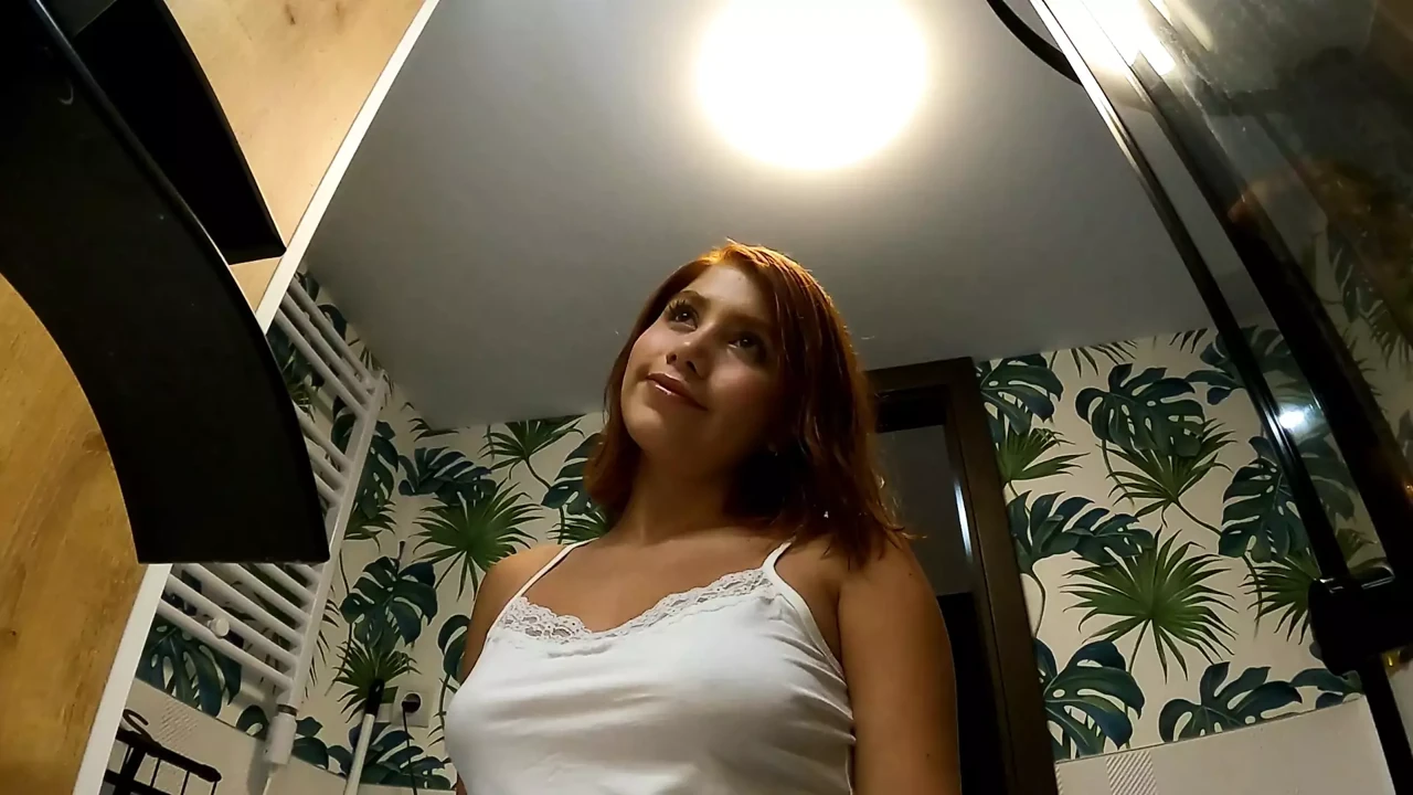 Hot sexy tight pussy redhead girlfriend in the bathroom no panties tases in a miniskirt