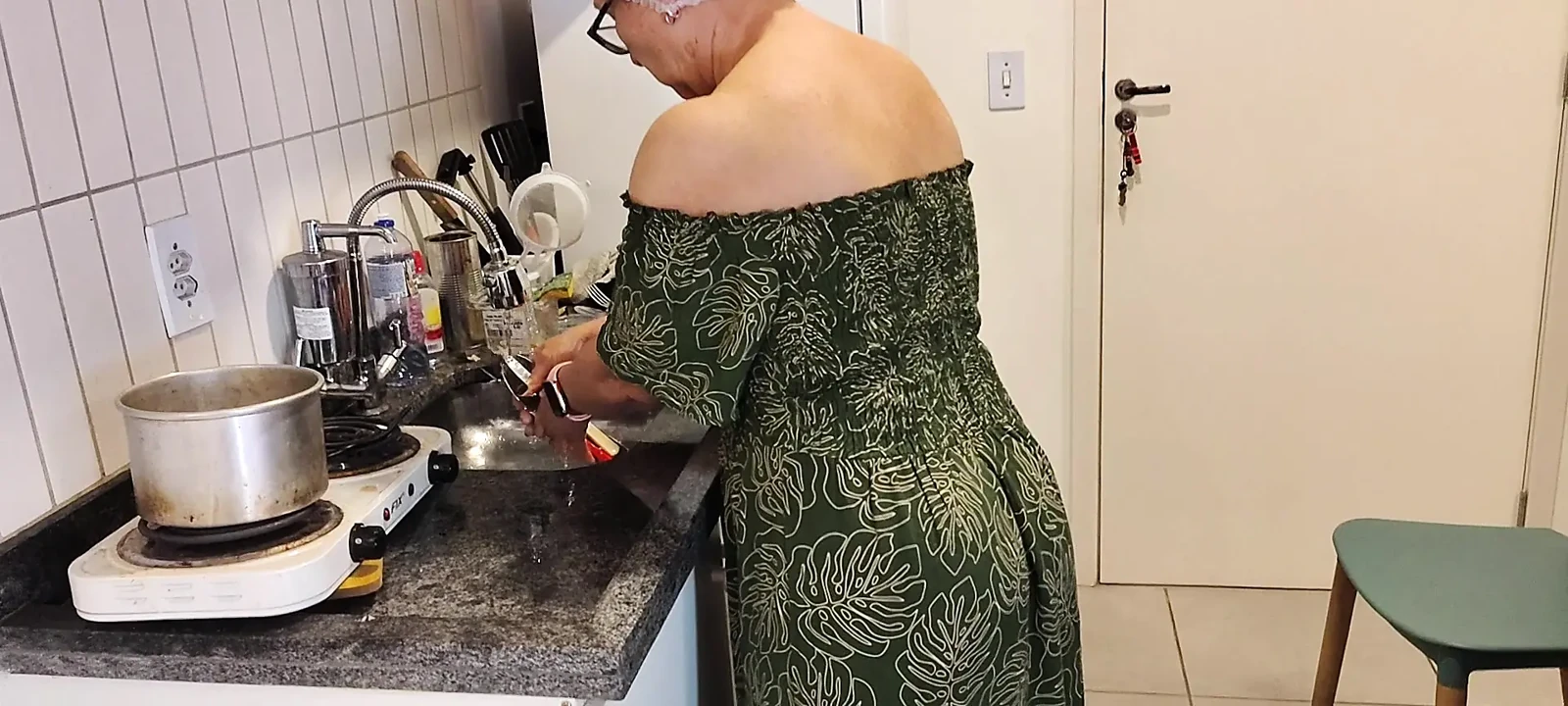87-year-old Grandma in Her Kitchen and Her Perverted Grandson Looking Under Her Dress