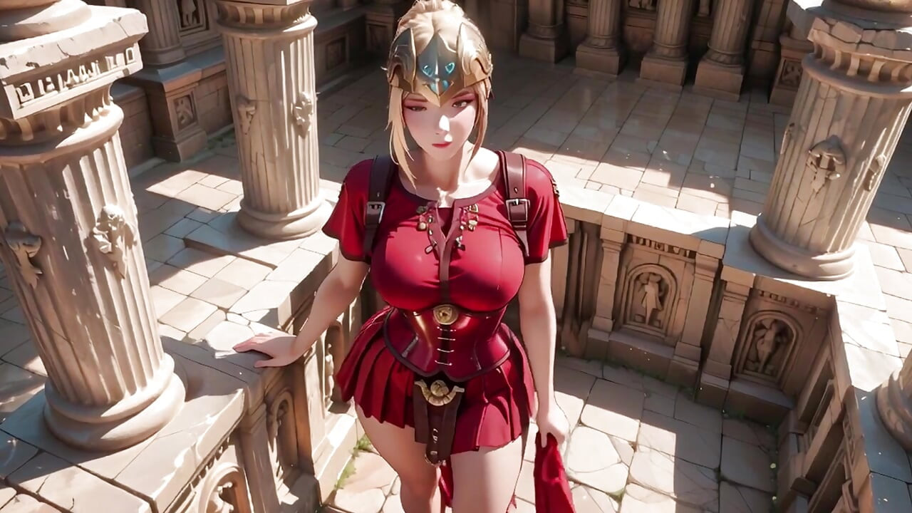 Red Armor Queen! Forbidden Gaze in the Roman Corridor, Skirt Lift Reveal, Hand on Lips Teasing You...