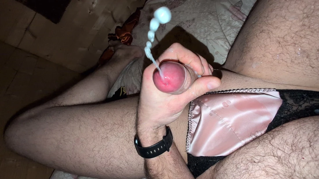 Quick cumshot while wearing my pink satin thong