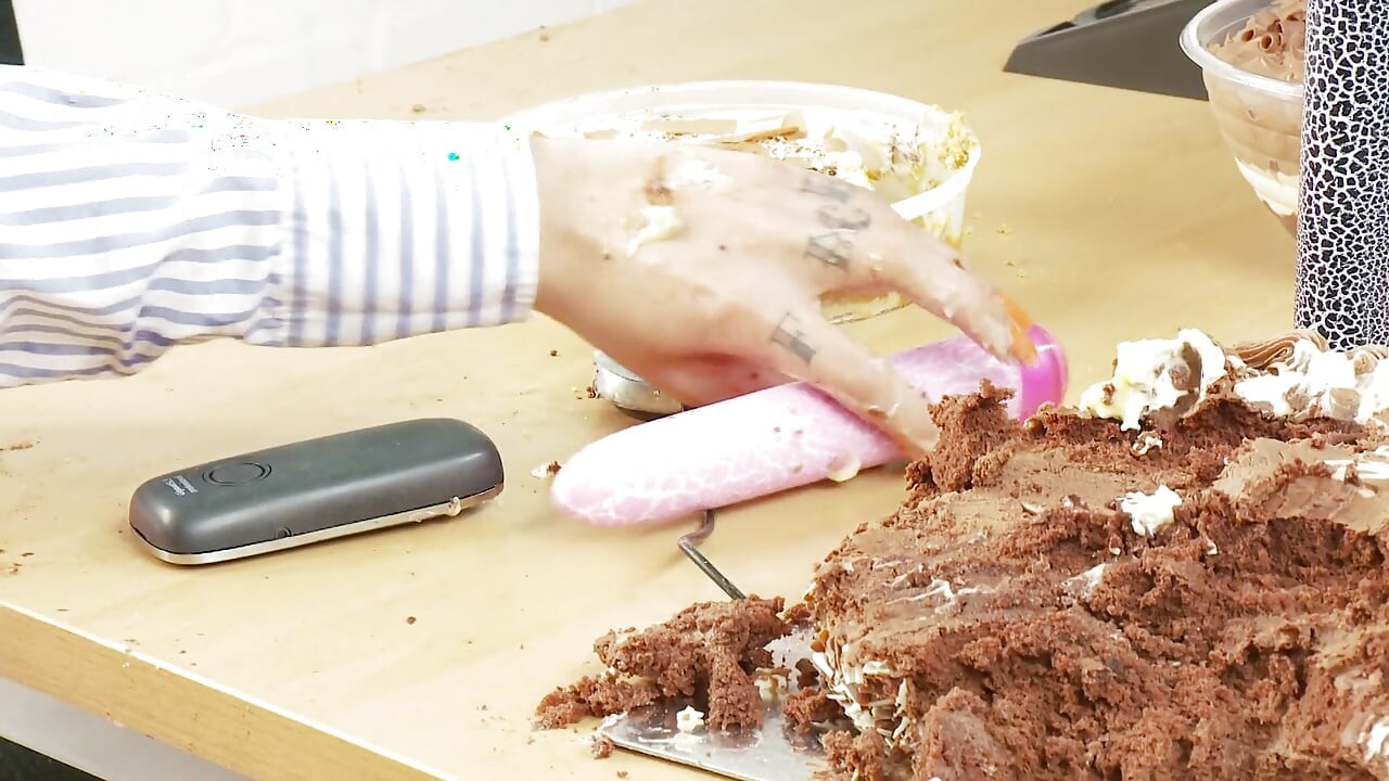 Brunette and redhead sluts with a food fetish fuck on the floor