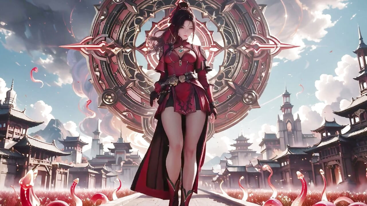 Red Armor Queen in the Floating City! Epic fantasy tease, tight red bodysuit.