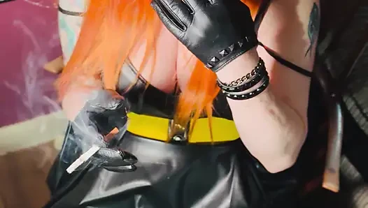 Redhead Tina Snua Smoking 2 Cigarettes At A Time Wearing A Leather Dress & Gloves