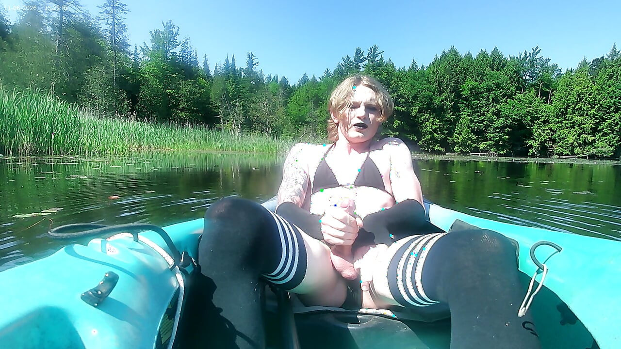 strawberry blonde goth femboy in black bikini & thigh socks, nature kayak session - solo cum in cove