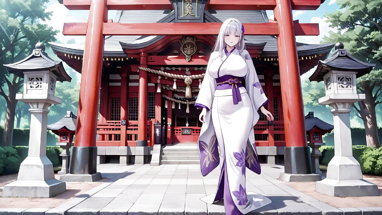 Silver-haired Miko Shrine Secrets! Half-unbuttoned White Kimono, Kneeling Poses and Intense Eye Contact.