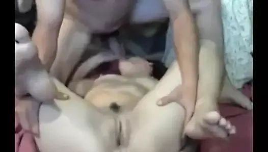 She dildos her ass while he fucks her mouth