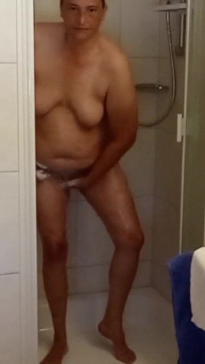 German BBW MILF 53 with natural tits & soft belly takes a shower | Clip 2