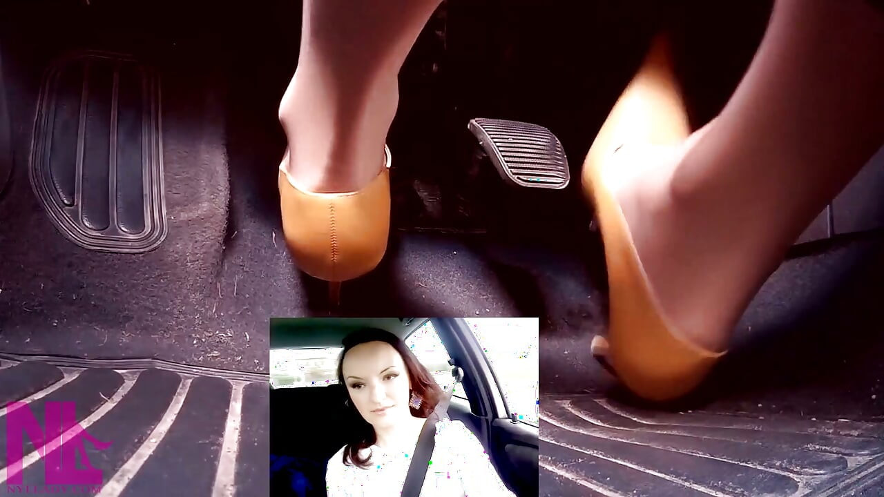 Driving in Leather Pointing Pumps and Nude Stockings