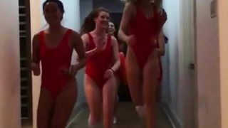 Genie Bouchard and friends running in Baywatch swimsuits