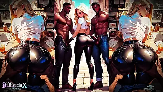 (4K) AI 3D Анимационный - горячая блондинка-шлюшка, межрасовое сосание и трах большого черного члена (AI Visuals X)