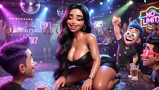 Красивая женщина наслаждается захватывающей ночью в ярком клубе, танцует, целуют мужчин и становится полностью обнаженной на всех четвереньках