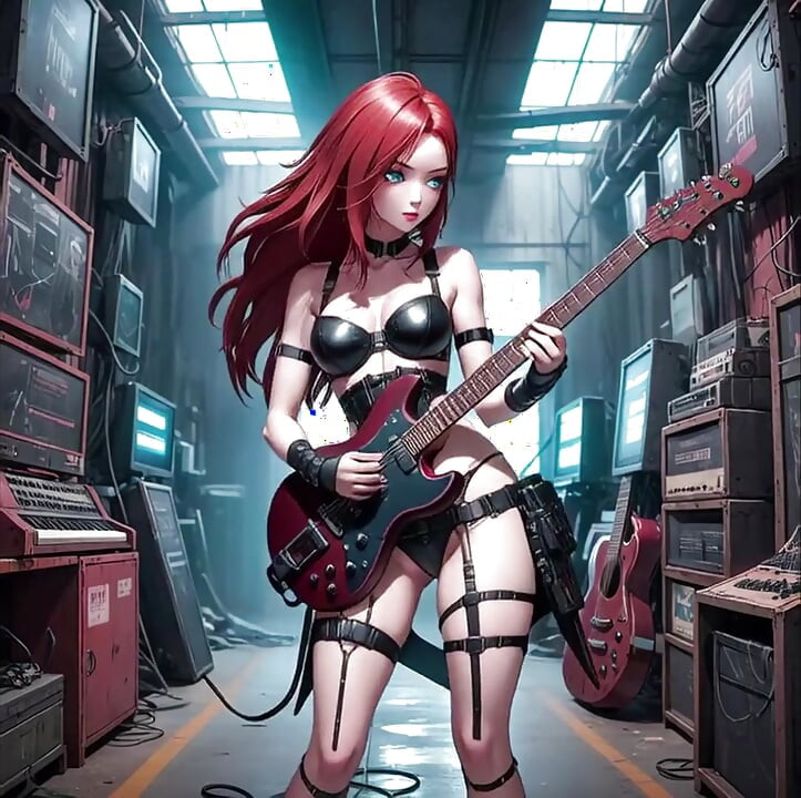 Σέξι κοκκινομάλλα Anime παίζει Metal κιθάρα AI μουσικό βίντεο