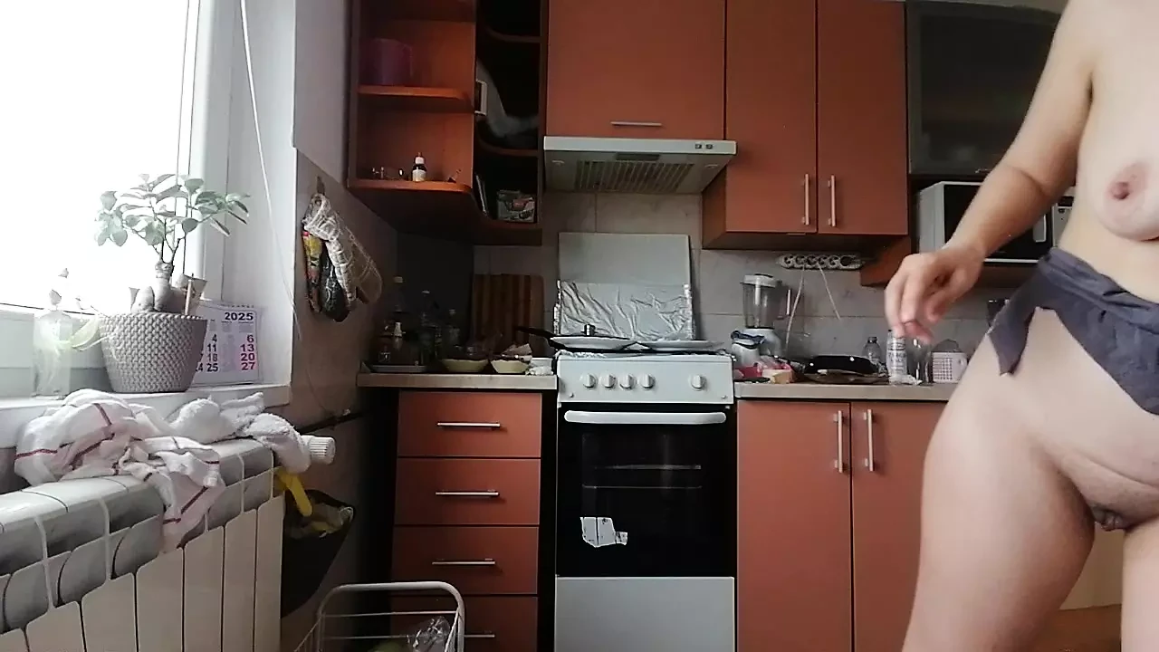 Brunette with hairy pussy, big tits, sensual and hairy woman in the kitchen. Sexy amateur wife shaves her hairy pussy.