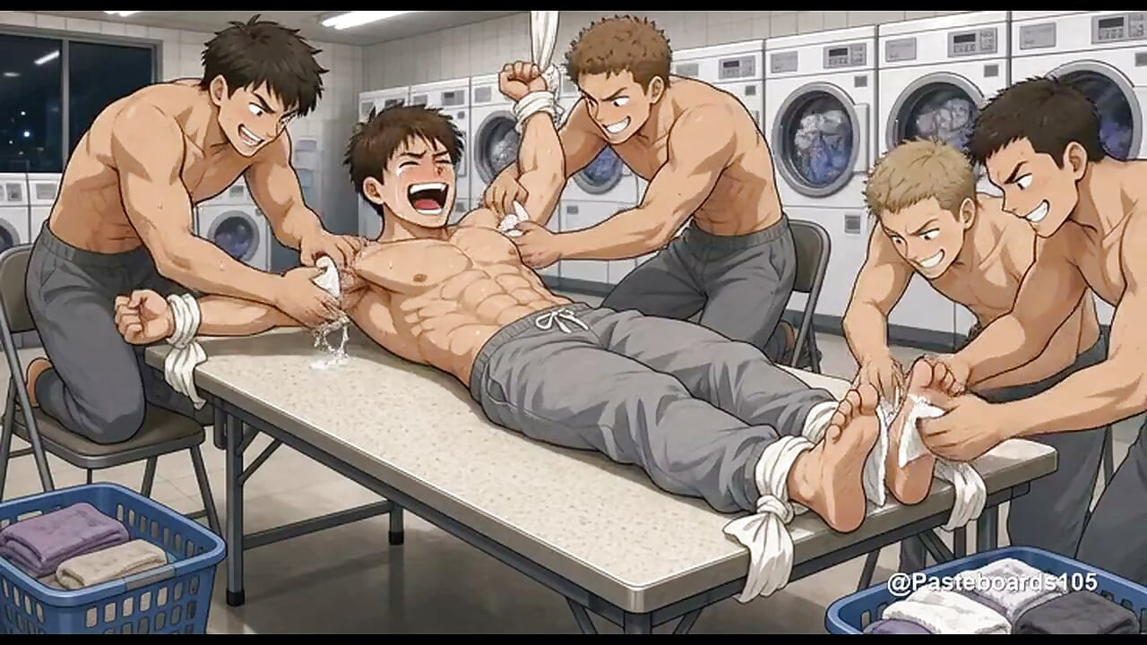Tied Across The Laundromat Folding Table - College Jock, Roommates With Bare Fingers In His Armpits