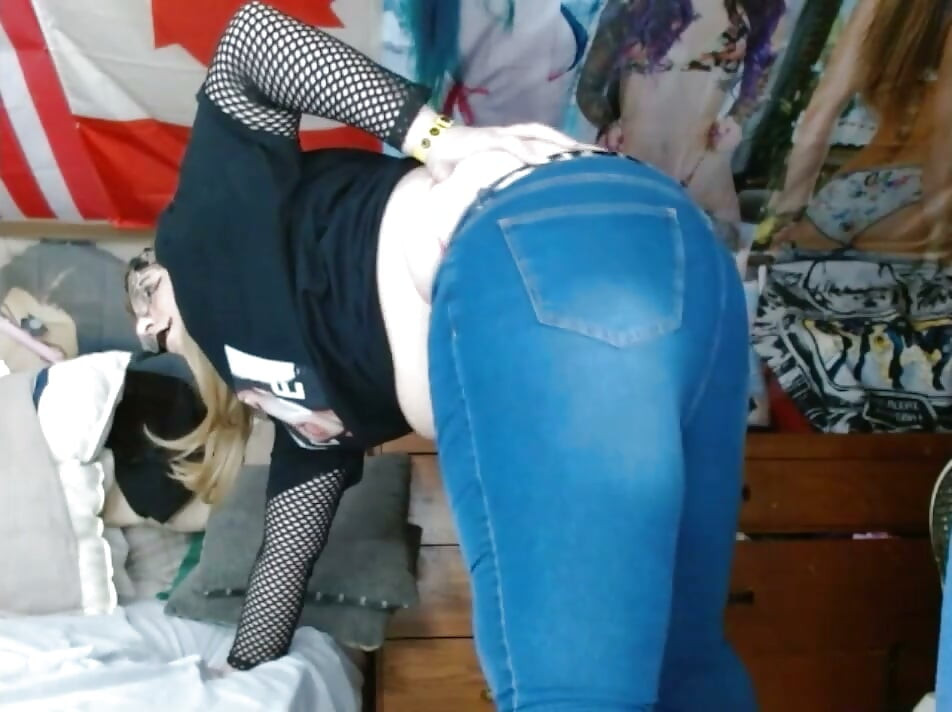fat sissy with tits wearing and stripping out them tight jeans