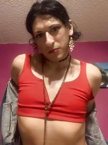 Cute Latina Transgirl in Fishnets & Red Heels Puts On Small Pink Leashed Chastity & Sucks Dildo, As Usual