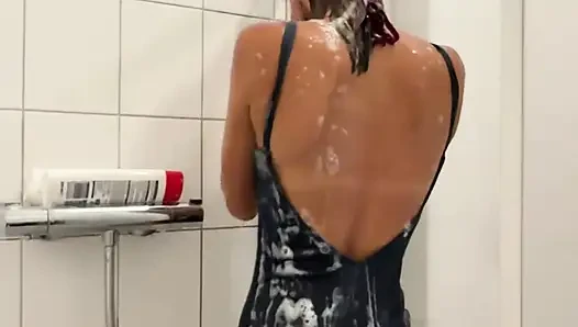 Clothed Shower in Swimsuit - Skinny Asian Wants You to Watch Her Petite Body in Soap Shower