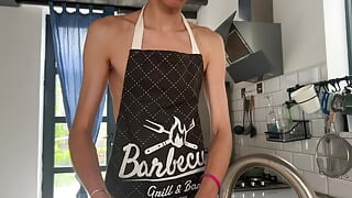 Daddy fucked cute twink in the mouth and tore the hole in the kitchen
