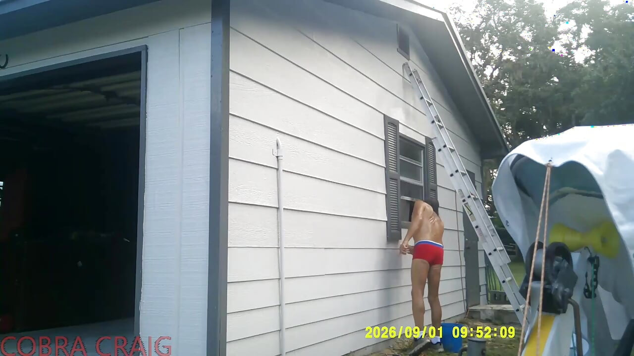 9-1-2026 COBRA CRAIG PAINTS IN HIS TINY RED SHORTS. 64YO. IN THE HEAT AND HUMIDITY.  ROCKS IT