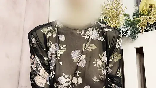 Trying my new sheer blouse in a caffe, showing my hard pierced nipples in public.