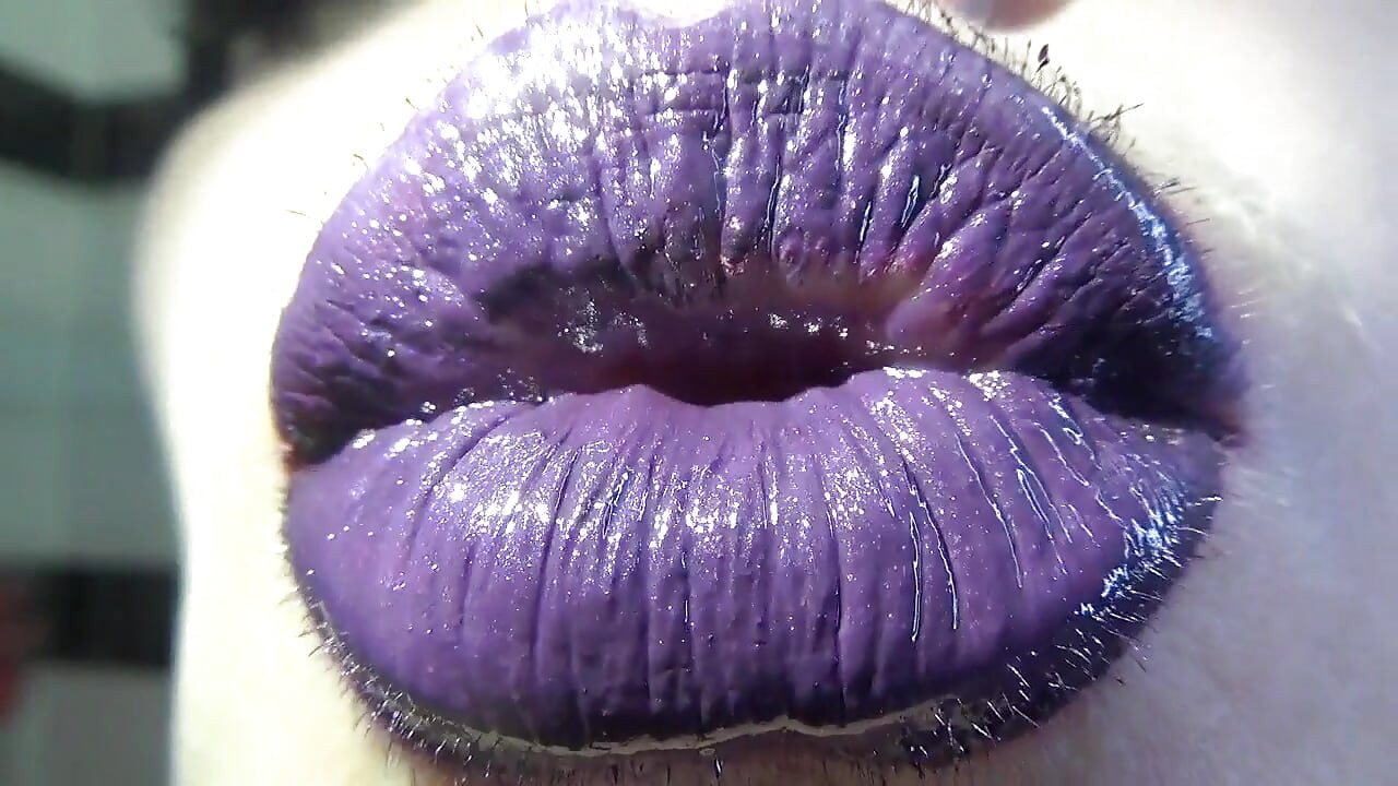 Purple glossy lips! Kissing and duck face fetishes!!