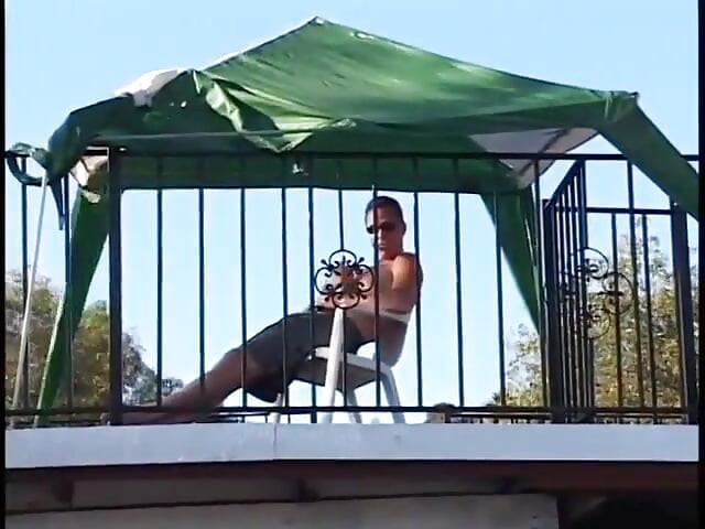 Group of guys by the pool all take turns fucking the brunette