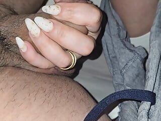 Step mom with sexy nails pulled out step son dick from his pants for handjob